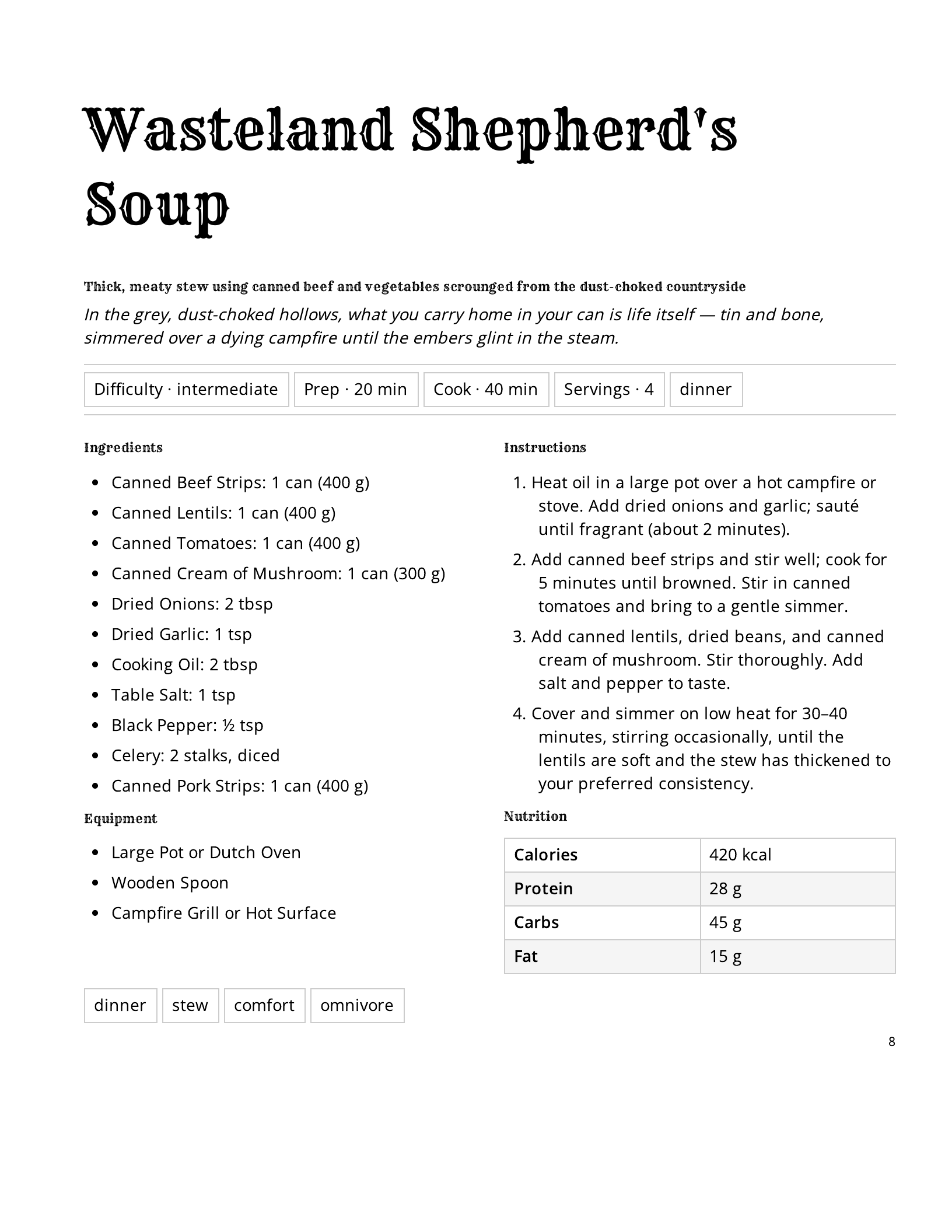 Wasteland Survival — recipe spread from a Quest & Feast cookbook
